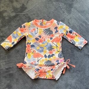 Ruffle Butts Coral and Navy Floral Rashguard